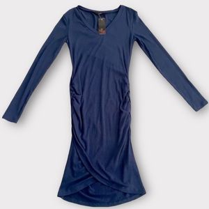 DJT Fashion Women’s Dress Small Bodycon Sheath Midi Side Ruching Ribbed Navy NWT